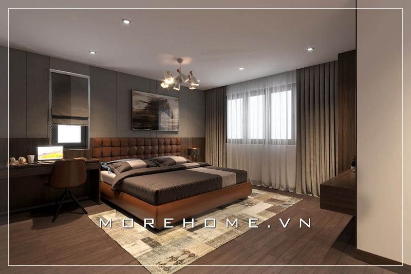 Giường ngủ vợ chồng được thiết kế theo phong cách hiện đại, trẻ trung, gam màu nâu trầm chủ đạo gợi lên sự sang trọng và thoải mái cho cả không gian căn phòng